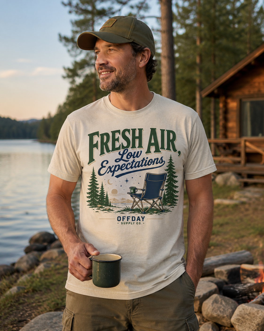 Fresh Air Low Expectations Men’s T-Shirt | Outdoor Cottage & Camping Graphic Tee